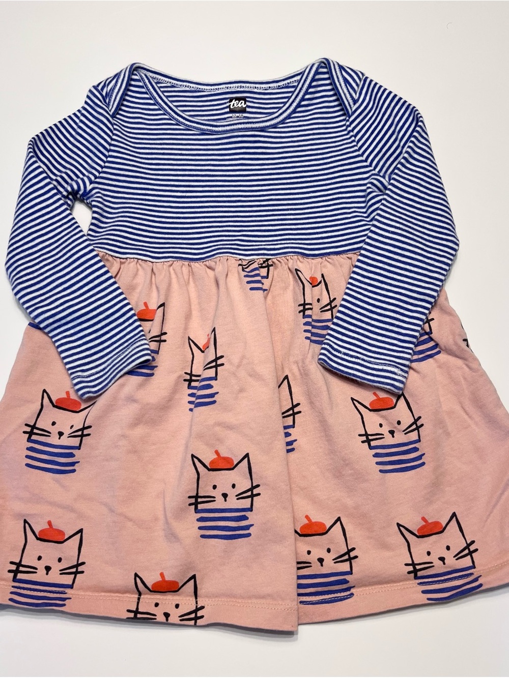 Tea Collection Blue & Pink Cat Print Long-Sleeve Dress